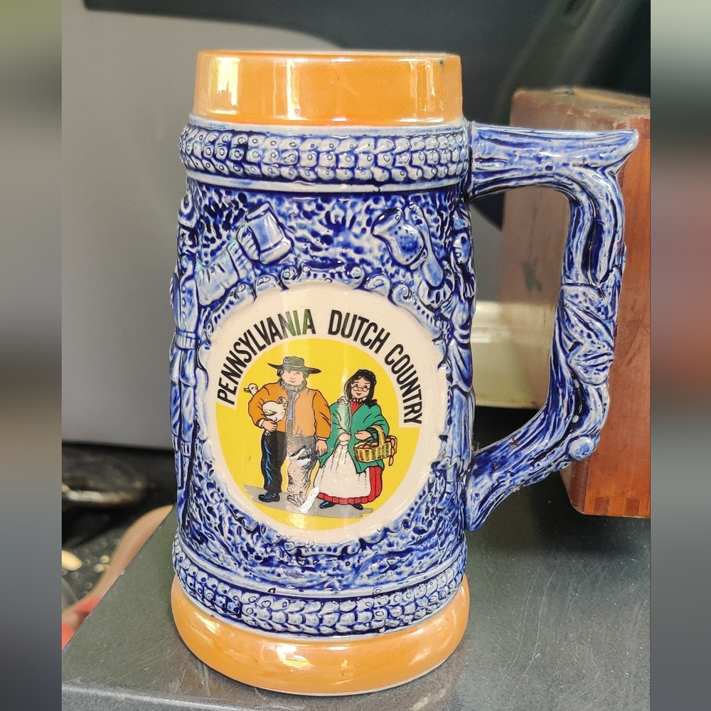 Pennsylvania Dutch Country Blue and Orange Beer Stein
